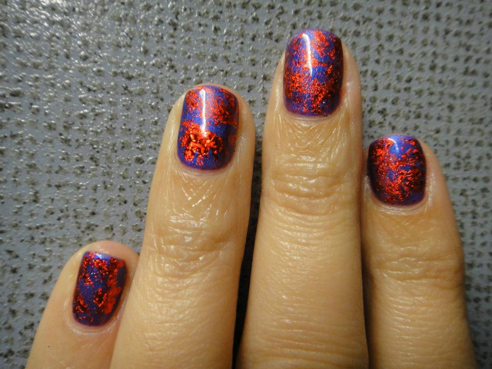 Random placement of transfer nail foil on gel polish, by Kelly Melanitou