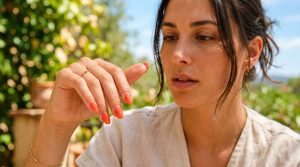 Mujer examinando el levantamiento de uñas de gel durante el caluroso clima de verano