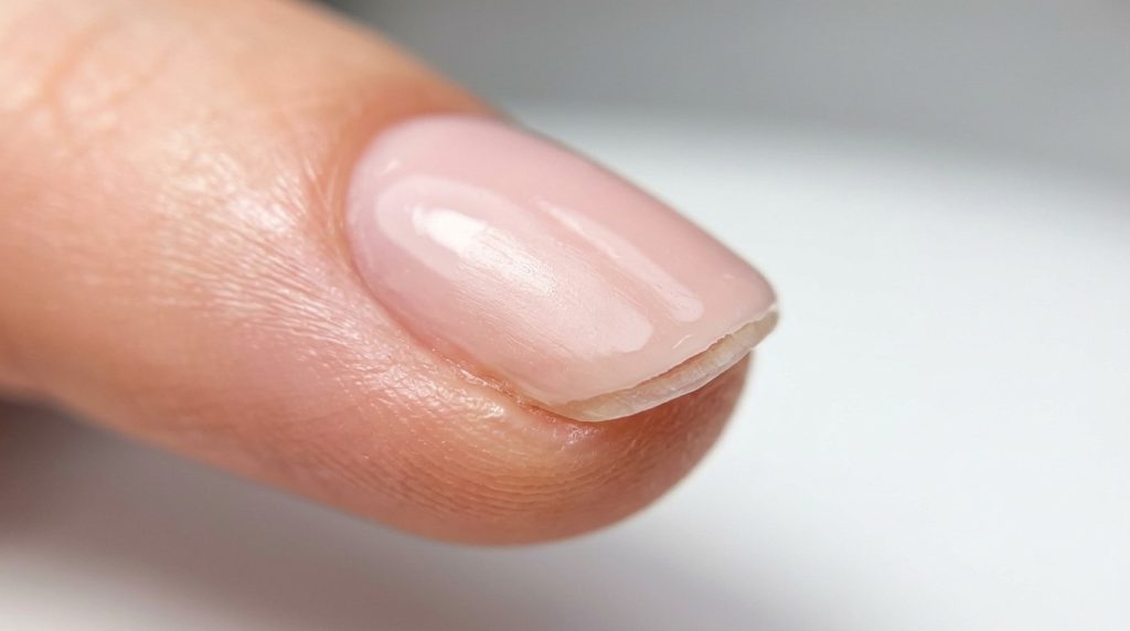 Close-up of gel polish lifting at the free edge of a fingernail