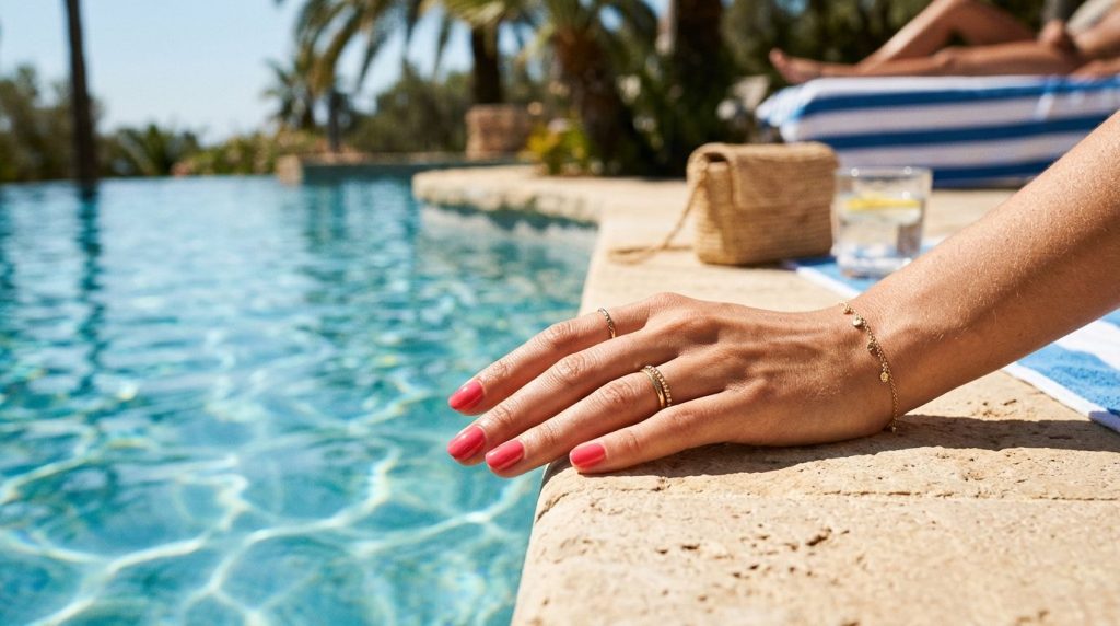 Gel manicure beside a swimming pool during warm summer weather