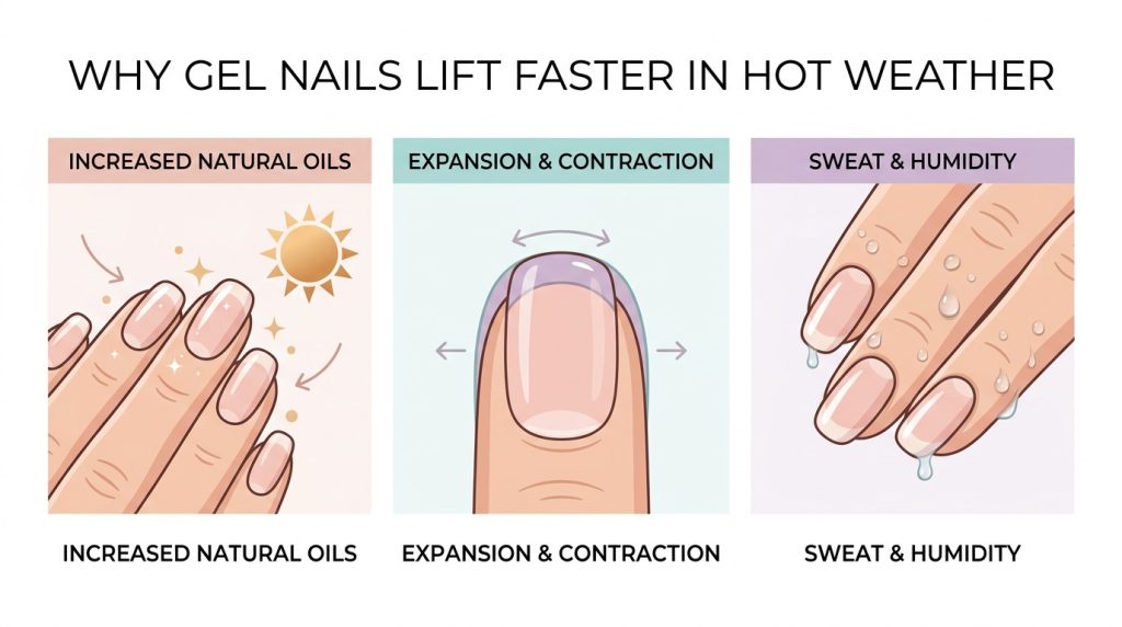 Infographic showing how heat, oils and moisture can cause gel nails to lift