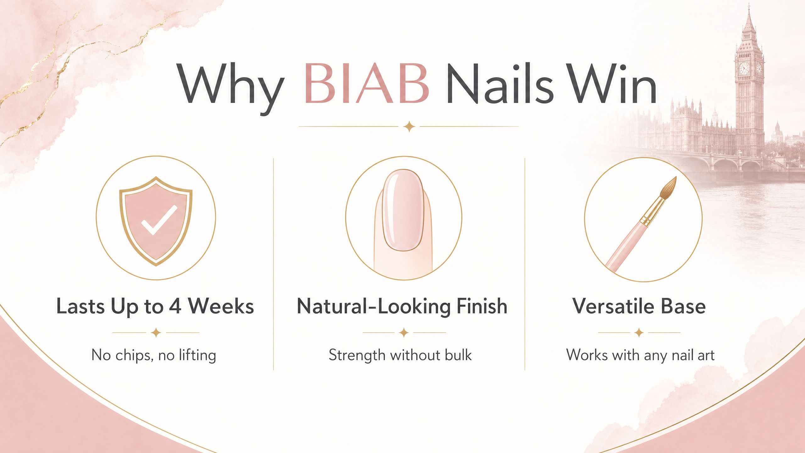 Infographic showing three key benefits of BIAB manicures: durability, natural finish, and versatility