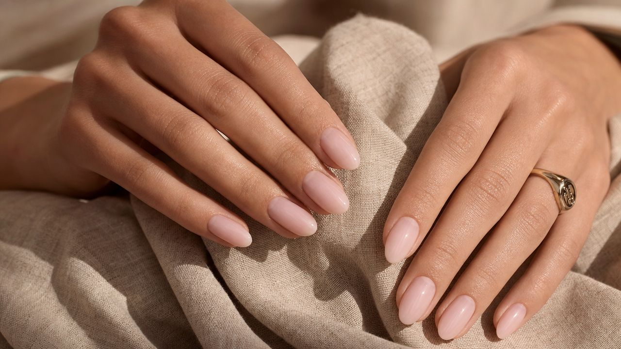 Close-up editorial shot of elegant oval BIAB nails in a sheer milky pink shade against a textured linen background