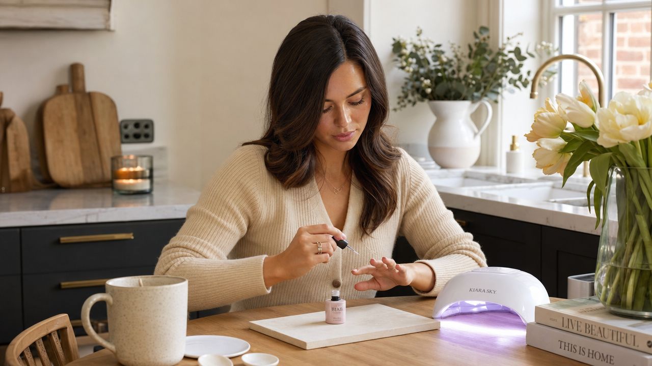 A woman doing her BIAB nails at home on a stylish London kitchen table, gel lamp glowing, soft natural light