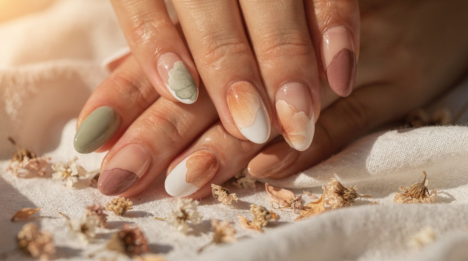 Close-up of blooming gel nails with soft pastel watercolour texture on oval nails in summer light