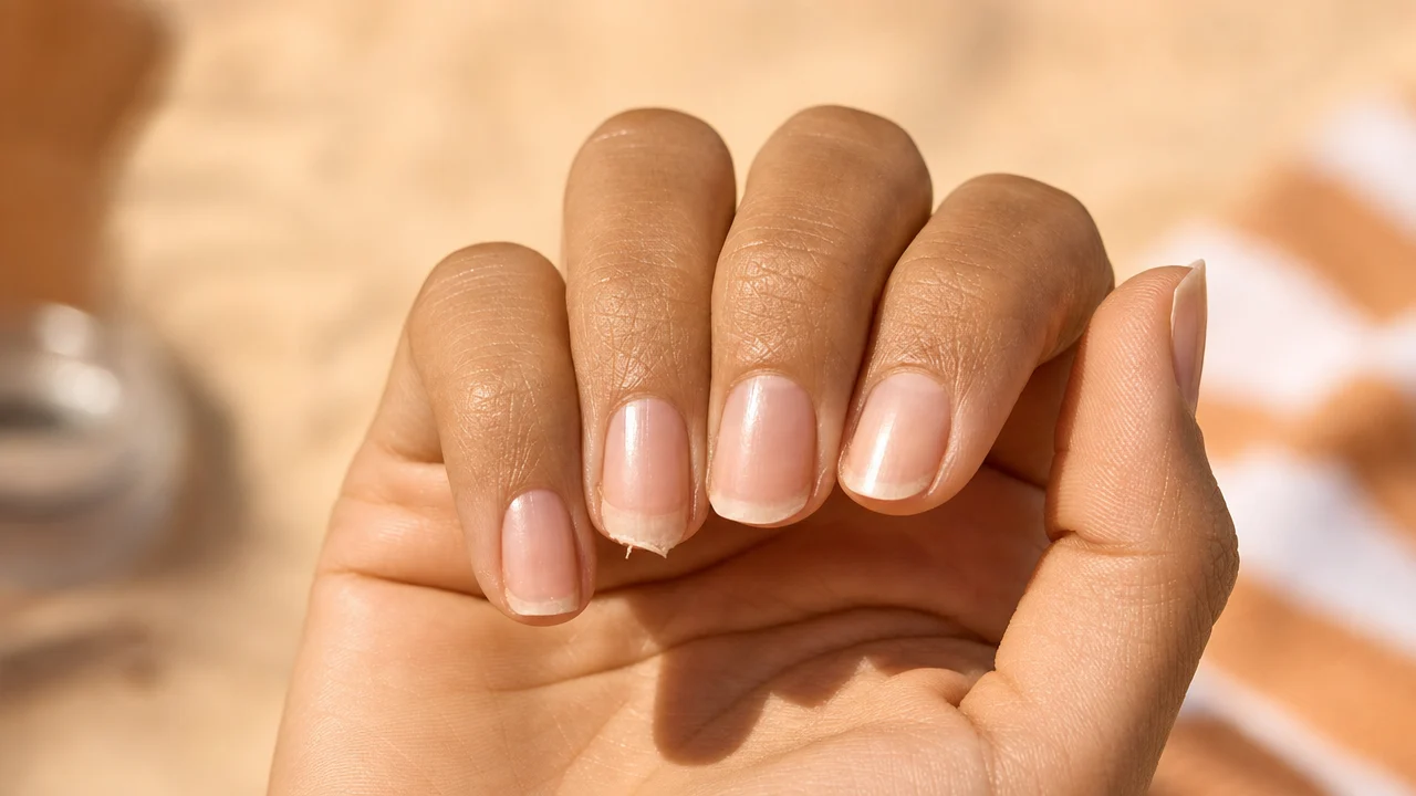 Primer plano de la mano de una mujer en el calor del verano con cutículas secas y bordes de uñas ligeramente descascarados, luz dorada cálida, fotografía de belleza editorial