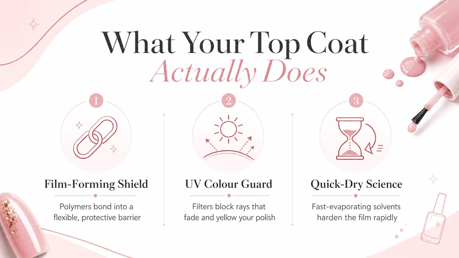 Infographic explaining the three key functions of a nail top coat: film-forming protection, UV filtering, and quick-dry chemistry