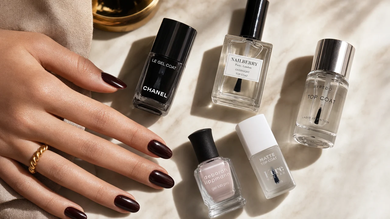 Flat lay of modern nail top coat bottles alongside a woman's hand showing a glossy, healthy manicure