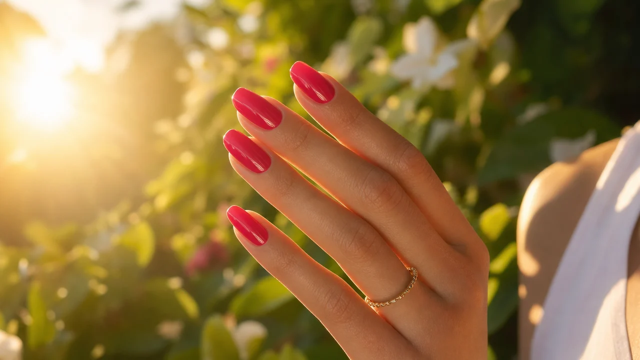 Close-up of a woman's hand with vibrant nail colour in sunlight, illustrating UV protection from nail top coats