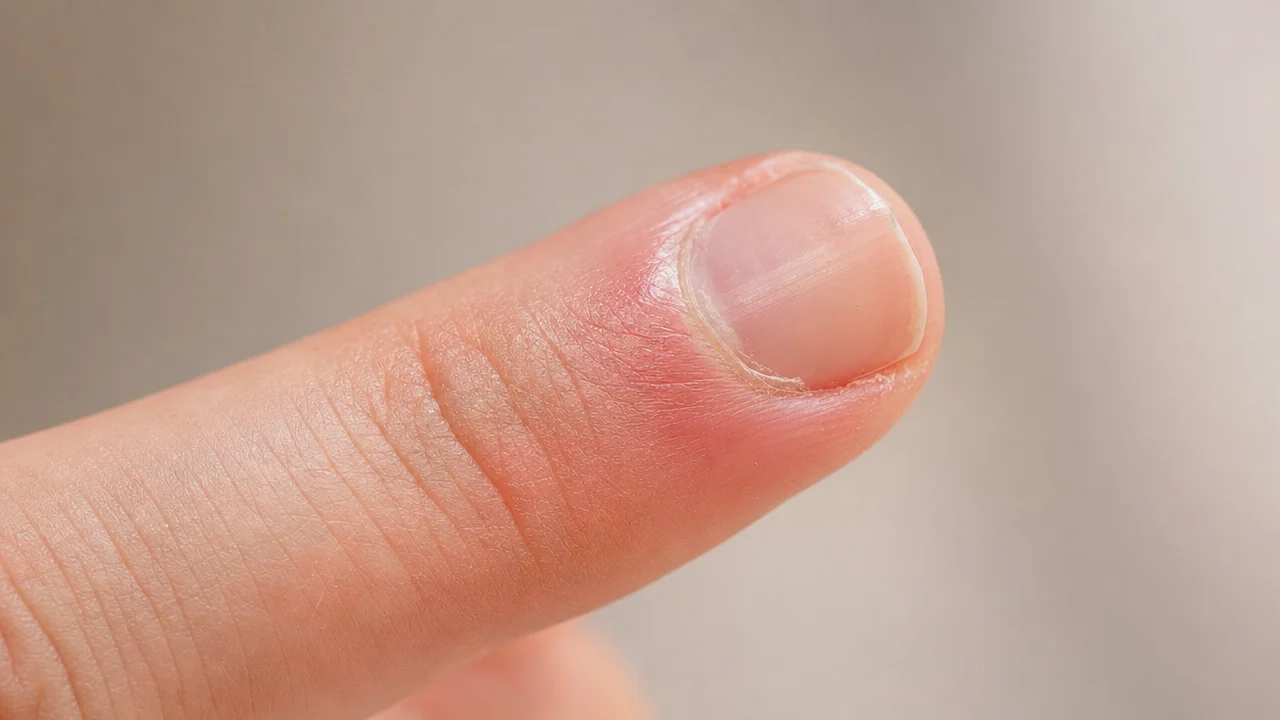 Close-up editorial image showing redness and slight swelling around the base of a nail after repeated cutting, soft natural light
