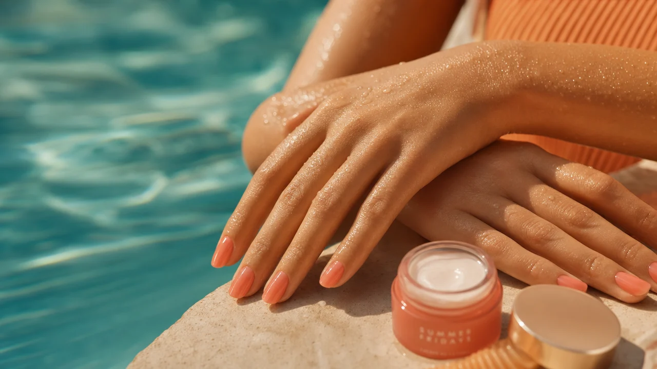Manos de mujer con uñas de gel translúcido tipo jalea, apoyadas junto a una piscina bañada por el sol en verano, gotas de agua visibles, ambiente veraniego vibrante.