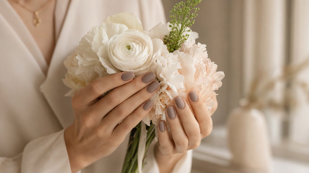 A woman's hands with taupe nails holding spring flowers, soft natural light, beauty editorial mood