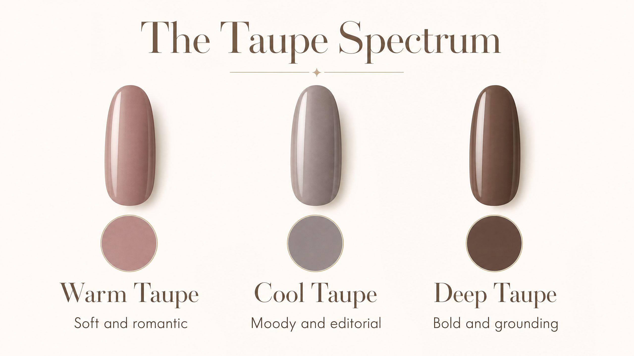Infographic showing three variations of taupe nails: warm pink-taupe, cool grey-taupe, and deep chocolate-taupe with finish and shape pairings