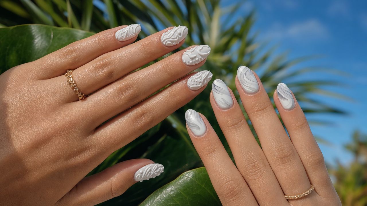 Avant-garde white nail art with 3D texture and abstract brushstroke details on a bright summer background