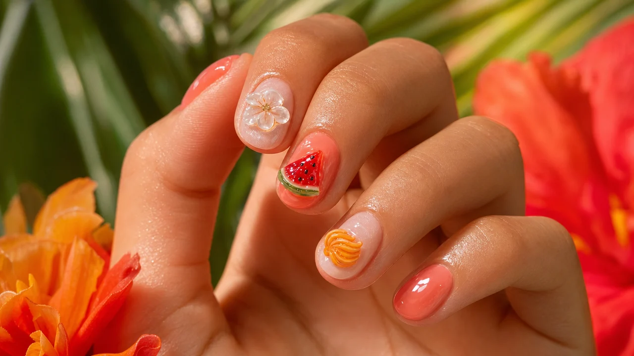 Short nails with sculptural 3D gel art featuring tiny gel florals and fruit slices in juicy summer colours including mango orange and watermelon red
