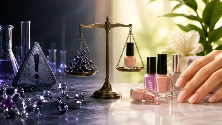 Imagen conceptual que ilustra el equilibrio entre la química y la seguridad de los productos para uñas, con esmalte de uñas, material de laboratorio, modelos moleculares y una mano con manicura que representan la ciencia cosmética basada en la evidencia.