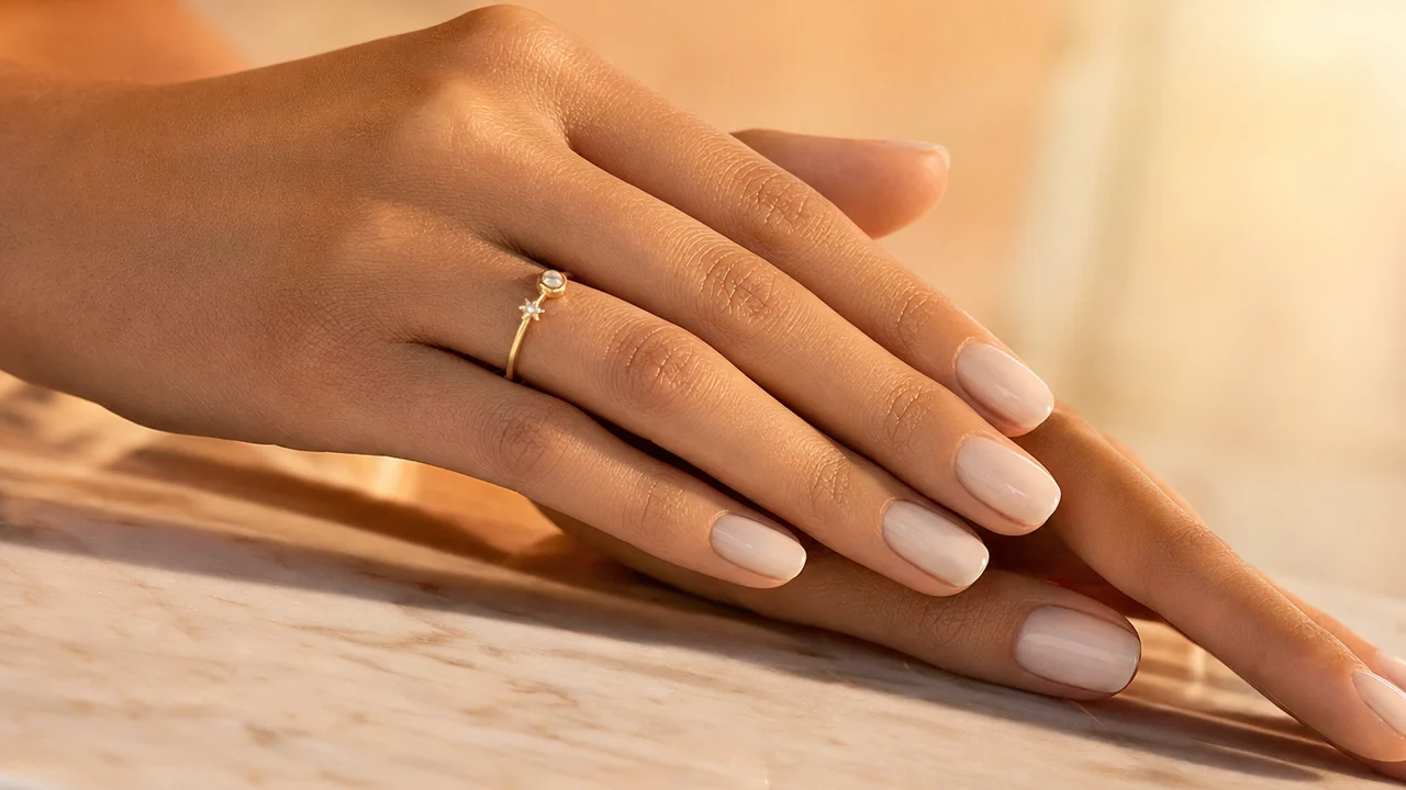 Close-up of elegant hands with sheer glazed milky nail finish resting on a sun-warmed marble surface, golden summer light
