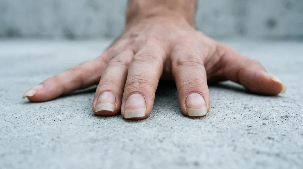 Uñas naturales en una mano dominante que muestran un crecimiento y una longitud saludables.