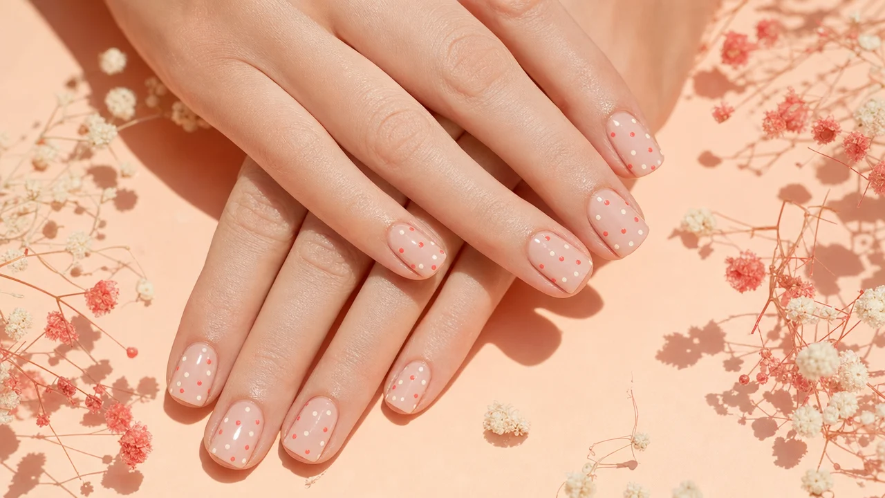 Close-up of short nails with precise mini polka dots in coral and cream on a sheer base, styled against a summery pastel background