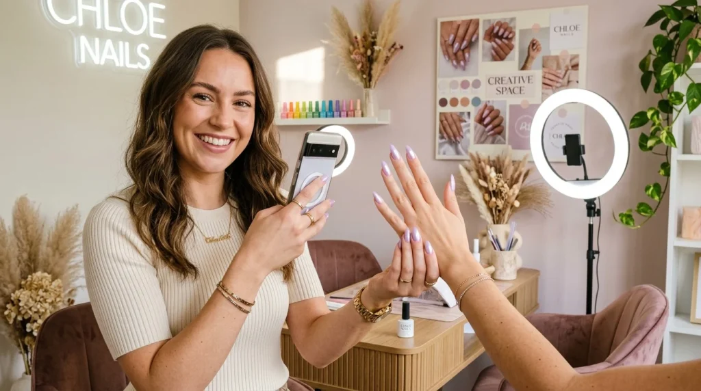 A young woman nail technician photographing her finished nail work for her professional portfolio, surrounded by aesthetic studio props
