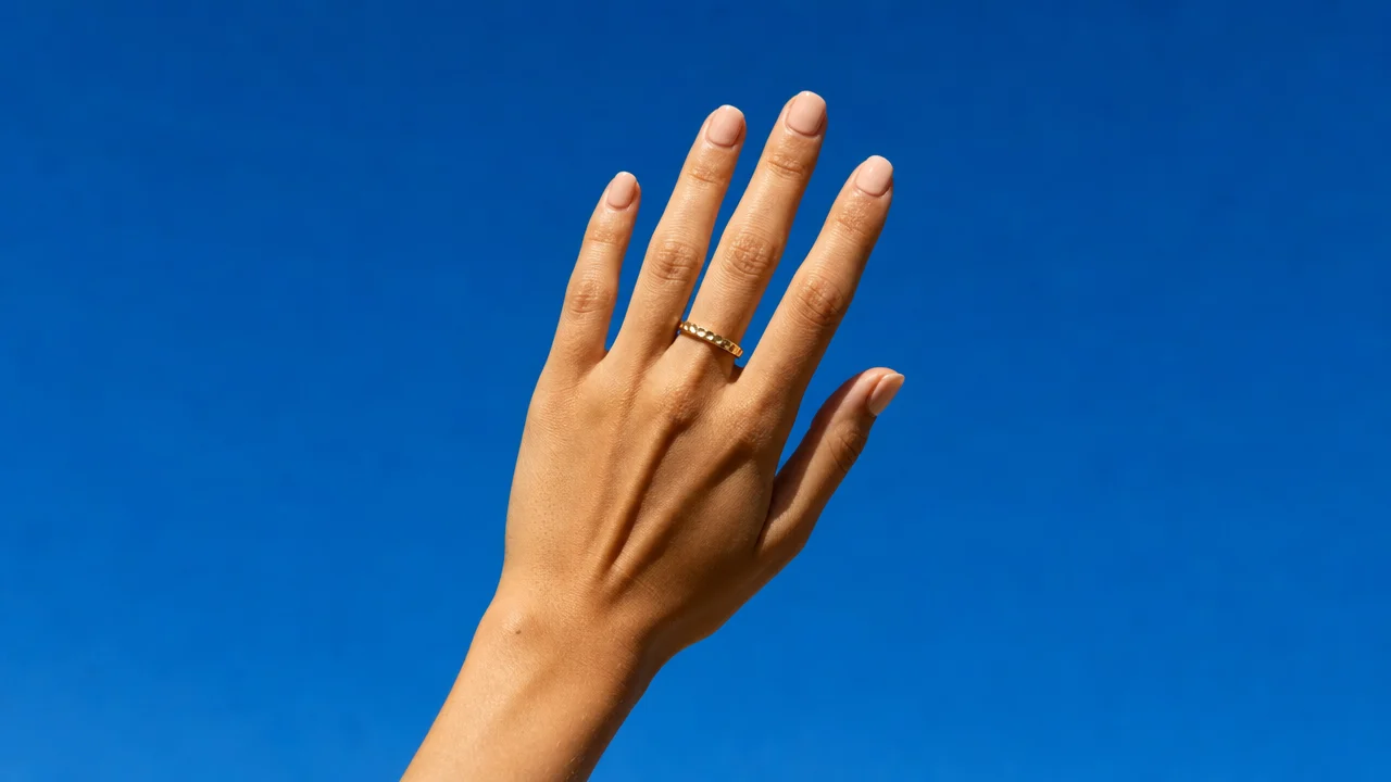 A woman's hand with clean natural nude nail designs held up against a bright summer blue sky outdoors