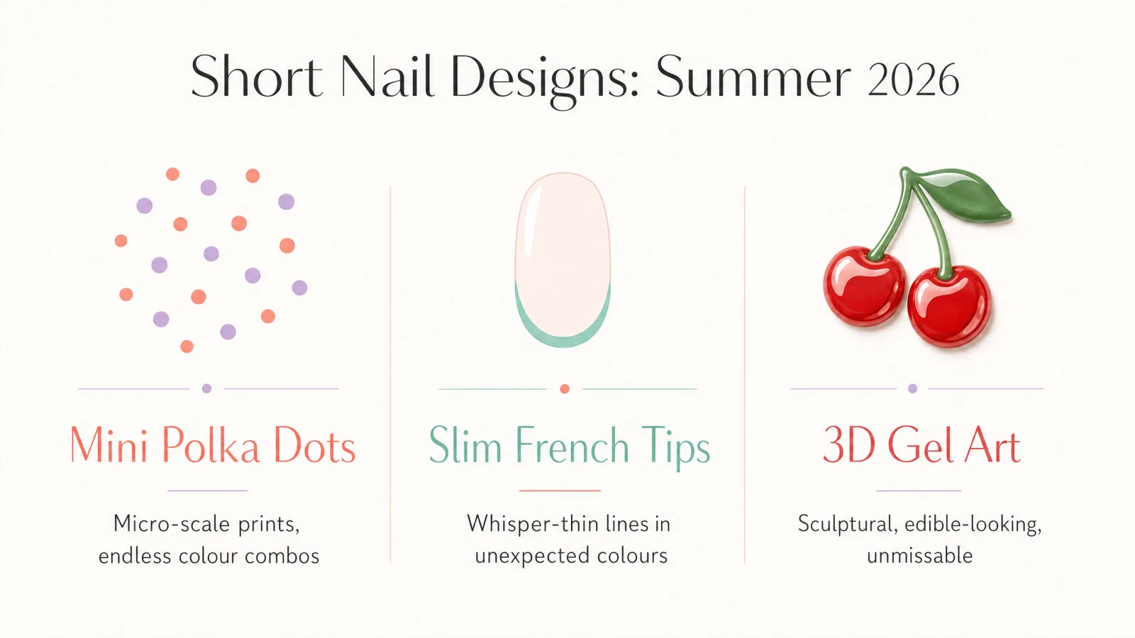 Infographic showing three key short nail design trends for summer 2026: mini polka dots, slim French tips, and 3D gel art