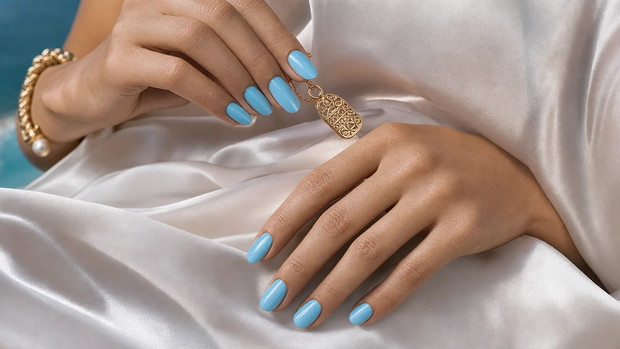 Close-up of elegant hands with sky blue nail polish in a fashion-forward editorial setting
