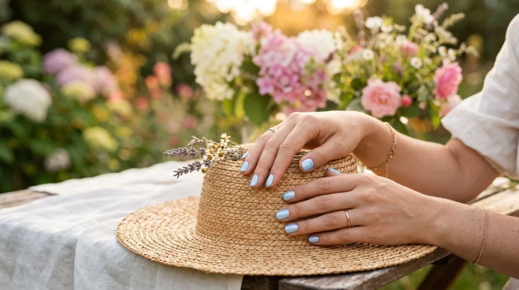 A woman's hands with sky blue nails resting against a summer backdrop of warm sunlight and soft natural textures