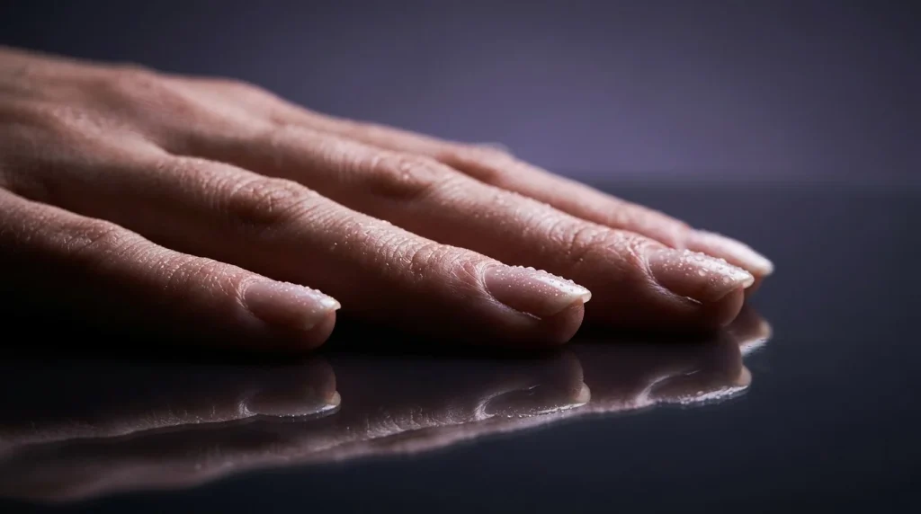 Side-by-side comparison of dry and wet fingernails demonstrating how water absorption temporarily softens natural nails.