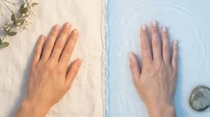 Comparison of dry and water-soaked fingernails, showing how prolonged exposure to water can temporarily soften the nail plate.