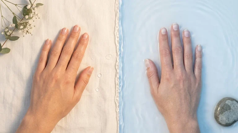 Comparación de uñas secas y remojadas en agua, que muestra cómo la exposición prolongada al agua puede ablandar temporalmente la placa ungueal.