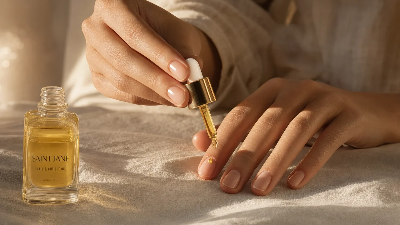 Close-up of elegant hands receiving cuticle oil treatment with a dropper, warm editorial lighting