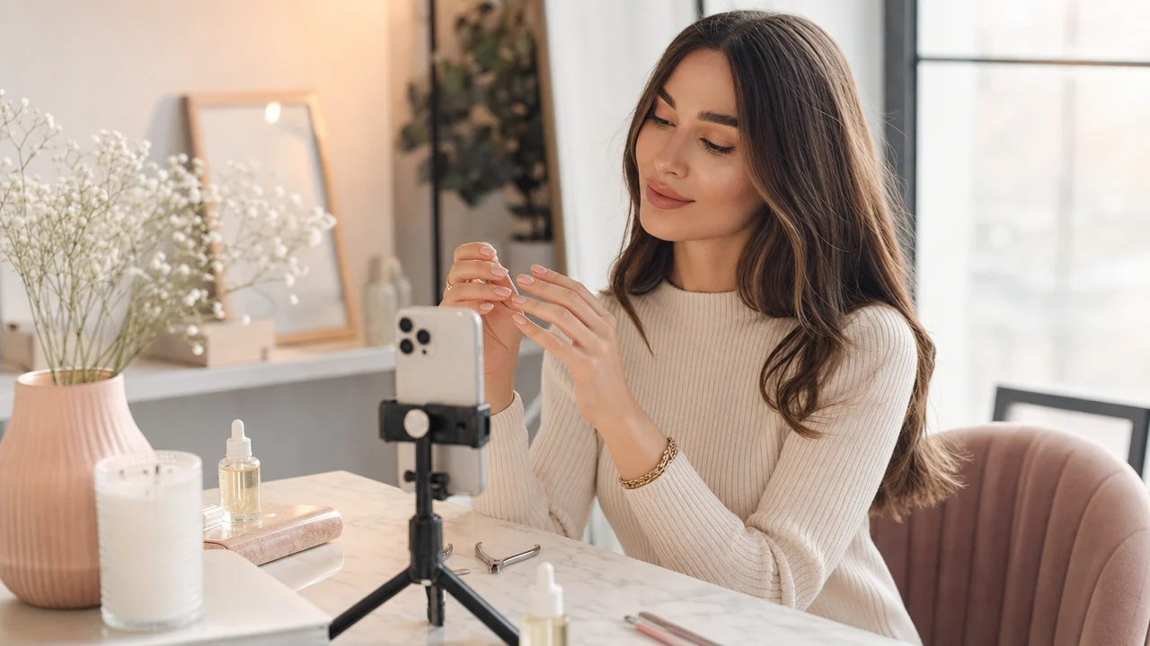 A young woman filming her nail care routine on her phone, soft lifestyle editorial setting