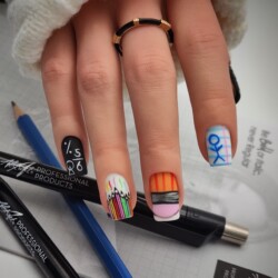 Back To School! created by Froukje Groenendijk, All handpainted with gelpolish &amp; artgel.. Styled in Flat nail art representing Seasonal. These Short - Square shaped nails are crafted using the Press On system and are coloured Multi.