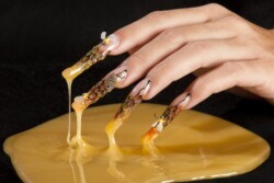 Beelieve created by Tracey Lee, Mixed media design with translucent jelly nails, 3D acrylic elements and gold foil finishes.. Styled in 3D nail art representing Nature / Scenery. These Extreme - Coffin shaped nails are crafted using the Gel system and are coloured Multi.