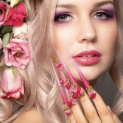 Fantasy Flower Garden  created by HAZEL DIXON, Ultimate stiletto with extreme 3D roses. Styled in 3D nail art representing Fairy Tale / Fantasy. These Extreme - Stiletto shaped nails are crafted using the Acrylic system and are coloured Pink.
