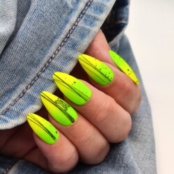 Fesitval Neon Nails created by Froukje Groenendijk, Ombre  with elastic gel &amp; waterdecal. Effective &amp; easy. Styled in Ombre nail art representing Seasonal. These Medium - Almond shaped nails are crafted using the Gel Polish system and are coloured Green.