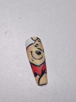 Pooh created by Louise Beattie, Cute Pooh Bear . Styled in Character Painting nail art representing Comic / Cartoon. These Long - Ballerina shaped nails are crafted using the Press On system and are coloured Multi.