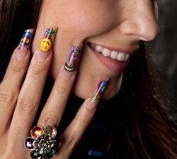 Pop Artistry created by Tracey Lee, Colourful handpainted design that really makes your nails "pop". Styled in Micropaint nail art representing Comic / Cartoon. These Long - Square shaped nails are crafted using the Acrylic system and are coloured Multi.