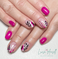 Summer Abstract Builder Overlay created by Luisa Ansell, Using a builder gel overlay for strength and pigmented gel polish colours to create a striking abstract design for summer.. Styled in Hand Painted nail art representing Abstract. These Short - Squoval shaped nails are crafted using the Builder system and are coloured Pink.