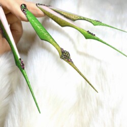 Ultimate Dragon Extreme Shape  created by HAZEL DIXON, Ultimate dragon shape with textured nail art. Styled in Embossing nail art representing Fairy Tale / Fantasy. These Extreme - Stiletto shaped nails are crafted using the Gel system and are coloured Green.