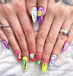 Pop art created by Maja Kocic, Natural nails with Emi fiber gel. Styled in Hand painted  nail art representing Comic / Cartoon. These Long - Almond shaped nails are crafted using the Gel system and are coloured Multi.
