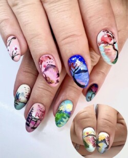 The FNP competition  created by Maja Kocic, I done this on my own natural nails with gel overlay and nail art. . Styled in Hand painted  nail art representing Nature / Scenery. These Medium - Almond shaped nails are crafted using the Gel system and are coloured Multi.