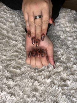 Tortie autumn nails created by Imogen Roberts, Created using Glitterbels and blooming gel. Styled in Blooming gel nail art representing Animal Print. These Medium - Coffin shaped nails are crafted using the Acrylic system and are coloured Multi.