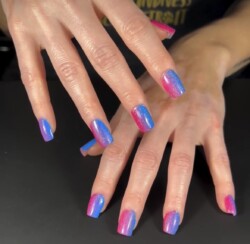 Russian Mani and gel overlay created by Jill DeVol.Styled in Ombre nail art representing Holiday. These Short - Square shaped nails are crafted using the Gel system and are coloured Blue. 